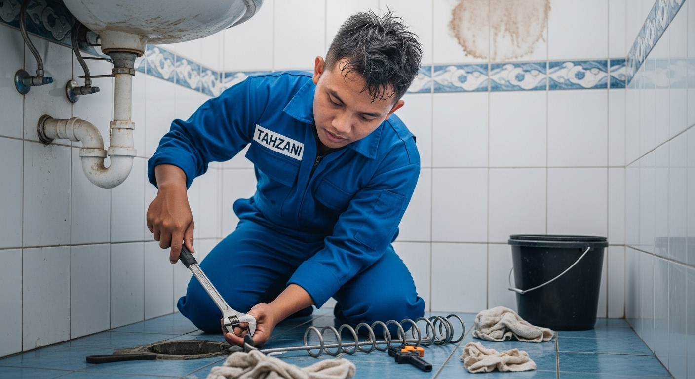 Teknisi Tahzani menggunakan alat pembersih saluran